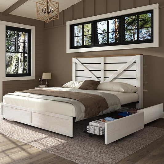 AMERLIFE Full Size Farmhouse Bed Frame with 4 Drawers, Wooden Storage Bed Frame with Headboard and Heavy Duty Metal Slats, Noisy Free, Easy Assemble, White/Barnwood