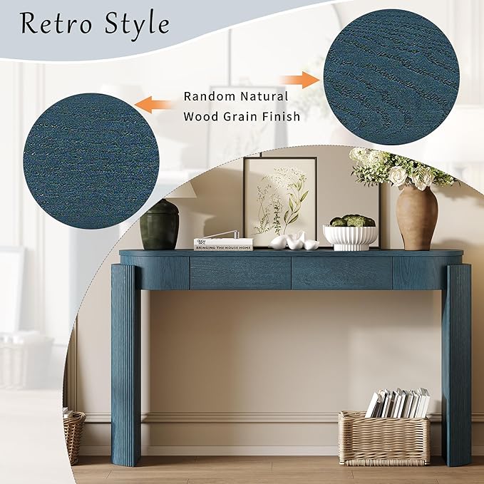 MTHOUSE 55.1" Entryway Narrow Console Table with Drawers, Oval Top & Fluted Legs, Natural Wood Grain Sofa Table for Hallway, Foyer, Behind Couch, Accent Table for Living Room, Solid Wood + MDF (Navy)