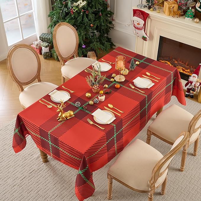 Christmas Tablecloth Rectangular 60x84 Inch Tablecloths for 4ft Waterproof, Machine Washable Polyester Table Cover for Xmas Party, Winter Holiday Home Decoration in Festive Checkered Red 1pack