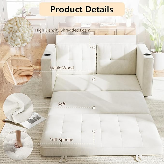 Convertible Sofa Bed, Pull Out Loveseat Sleeper Sofa, 2 in1 Folding Couch Bed Floor Sofa Couch for Small Spaces, Fold Out Floor Bed with Pillows for Living Room Bedroom - Beige