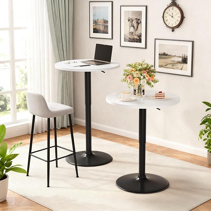 Shahoo Round Bar Table, Adjustable Height and 360° Swivel Bistro Pub Table, Cooktail Table for Bar, Bistro, Dining Room, White