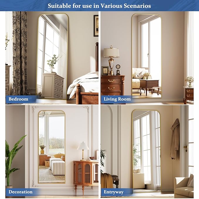 Full Length Mirror 64"x21" Arched Floor Standing Large Mirrors Full Body Mirror with Stand - with Aluminum Frame for Bedroom Living Room, Gold