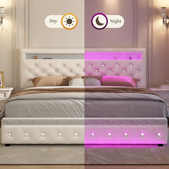 Queen Led Bed Frame with 2 Drawers, Modern Metal Platform Bed Frames Queen Size with Storage, Adjustable Height Crystal Button Tufted Headboard, No Box Spring Needed, Easy Assembly, PU White