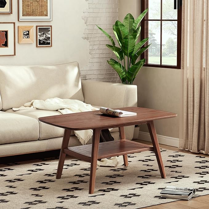Solid Oak Wood Coffee Table - 2-Tier Modern Center Table, Living Room Tables with Double Storage for Living Rooms, Bedrooms, and Offices (Walnut, 31.49" D x 19.68" W x 17.32" H)