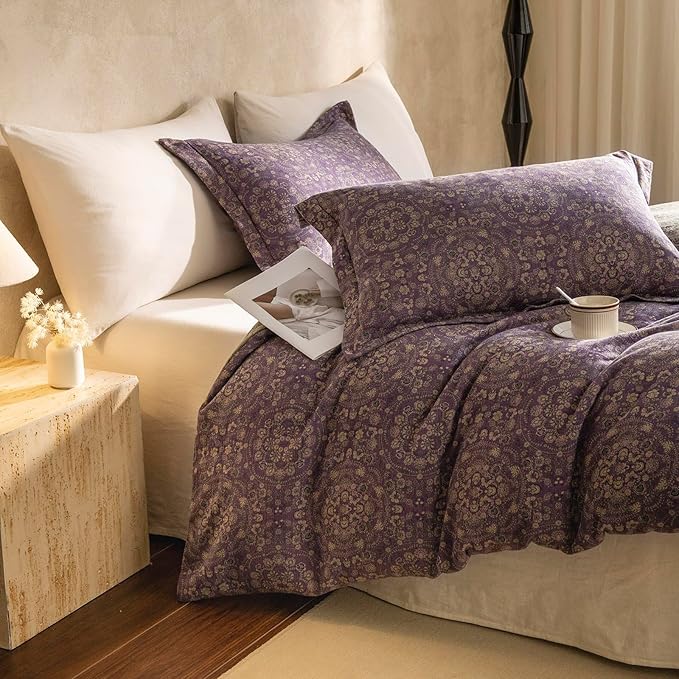 Purple Green Floral Duvet Cover Twin XL Premium Yarn-Dyed Linen Cotton Comforter Cover Boho Jacquard Design Bedding Set Botanical Floral Vintage Duvet Cover Reversible Green Flower Bedding Set Twin XL