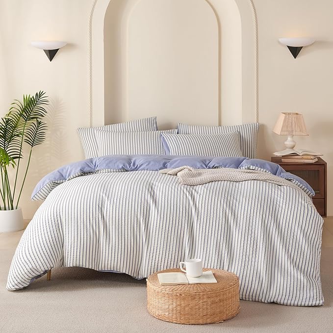Comforter Set King Size Blue Striped Soft Luxury Washed Microfiber Jacquard 3 Pieces Bedding, White Blue Vertical Ticking Stripes Pattern Comforter with 2 Pillowcases Breathable Durable Comfy