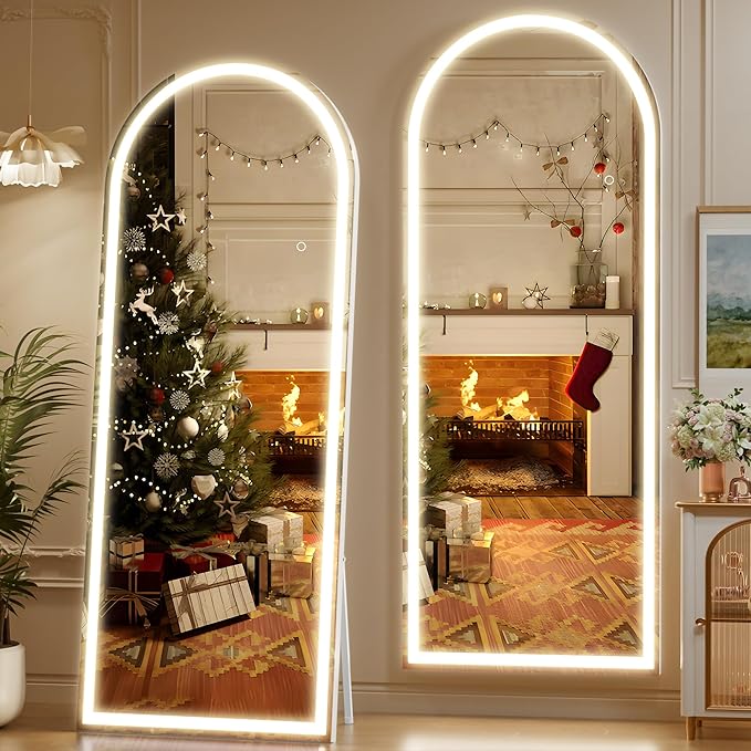 Hasipu 71" x 24" Led Mirror Full Length, Arch Full Length Mirror with Lights, Full Body Glass Mirror with Stand and LED,Tempered Glass,Shatter-Proof, Dimming & 3 Color Modes for Bedroom Cloakroom-UL