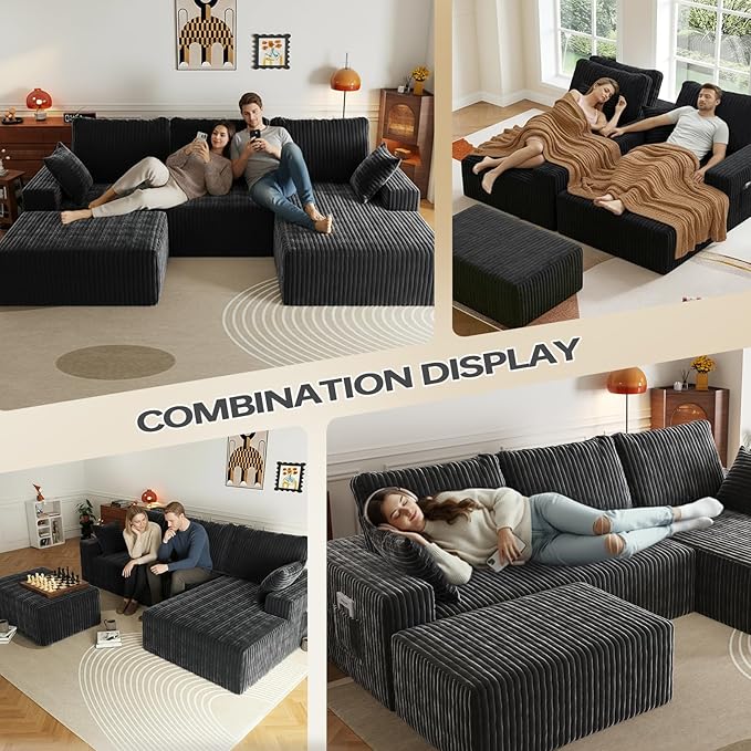 108" U Shaped Sectional Couch with Ottoman, Corduroy Modular Sectional Sofa with Deep Seat, Modern Modular L-Shape Sofa Couch with Chaise,Upholstered Boneless Couches for Living Room Bedroom
