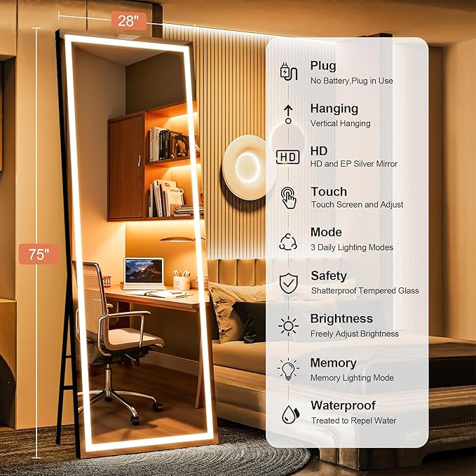 Full Length Mirror with Lights, 75" x 28" LED Lighted Floor Standing Mirror, Tempered Glass, Square Black