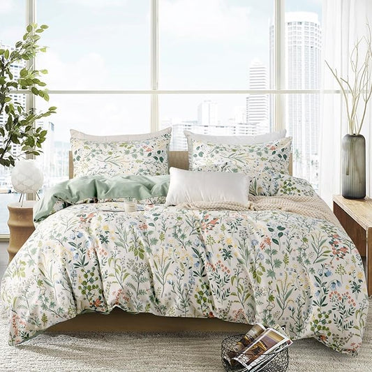 Floral Comforter Set Queen Soft Bedding Comforter Set 3 Pieces Garden Style Green Red Flower Print Botanical Flowers Comforter Set for All Seasons 1 Comforter and 2 Pillowcases (Floral, Queen)
