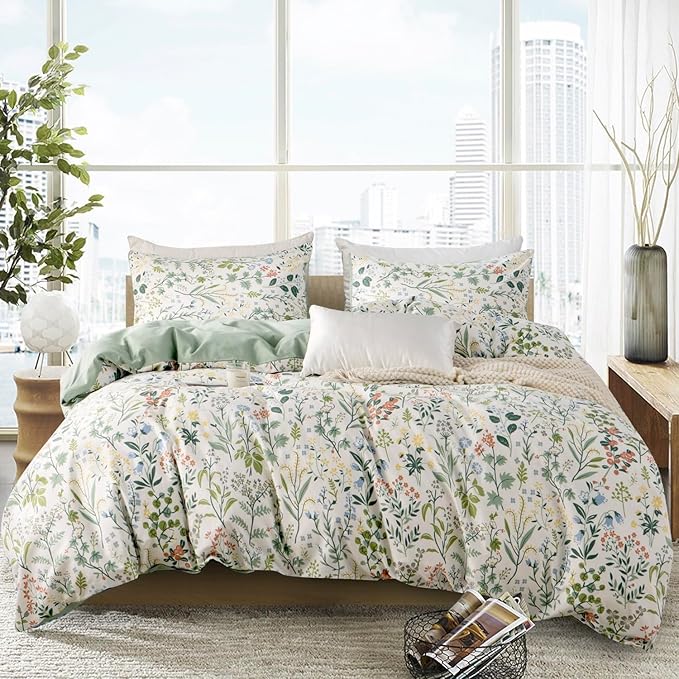 Floral Comforter Set Full Soft Bedding Comforter Set 3 Pieces Garden Style Green Red Flower Print Botanical Flowers Comforter Set for All Seasons 1 Comforter and 2 Pillowcases (Floral, Full)
