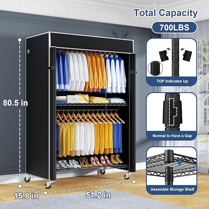 P8C Heavy Duty Clothes Rack（With Extended Width Design） Rolling Clothing Racks for Hanging Clothes with Lockable Wheels，51.2"W x 15.8"D x 80.5"H，Max Load 700LBS，Black Rack with Black Cover