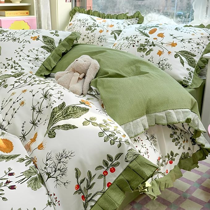 Romantic Floral Ruffle Duvet Cover Full 3 Pieces Botanical Duvet Cover Girls Flower Bedding Set 100% Cotton Vintage Floral Green Lace Bedding Flower Cottagecore Comforter Cover with 2 Pillowcases