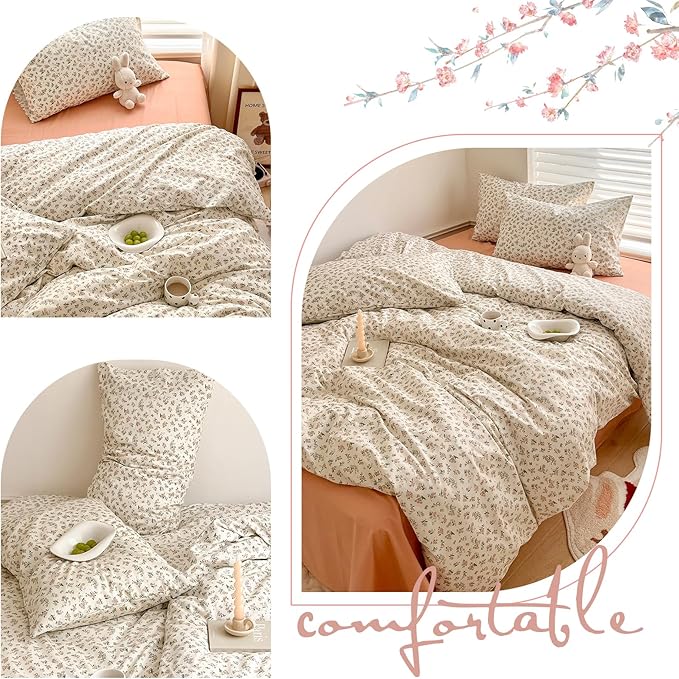 Boho Floral Duvet Cover Queen Aesthetic Floral Comforter Cover Cotton Pink Floral Bedding Set Vintage Botanical French Style Duvet Cover Cute Flower Bedding Cover Cottagecore Comforter Cover Queen