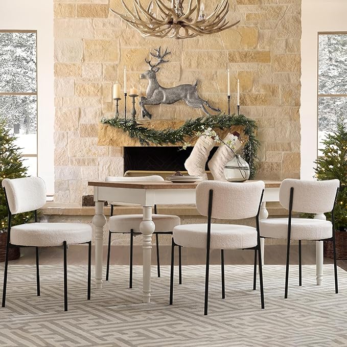 White Boucle Dining Chairs Set of 6, Upholstered Dinner Chair with Metal Frame, Dining Room Chairs with Padded Seat, Round Modern Seating for Living Room