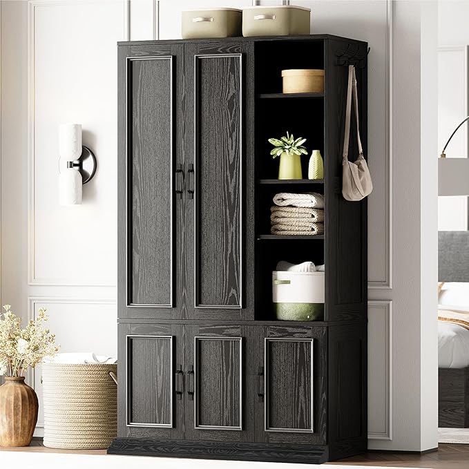 LIKIMIO Armoire Wardrobe Closet 70" H, 5 Doors Bedroom Wooden Wardrobe with 4 Storage Shelves and Hanging Rod, Clothing Storage Cabinet Organizer Combination, Black
