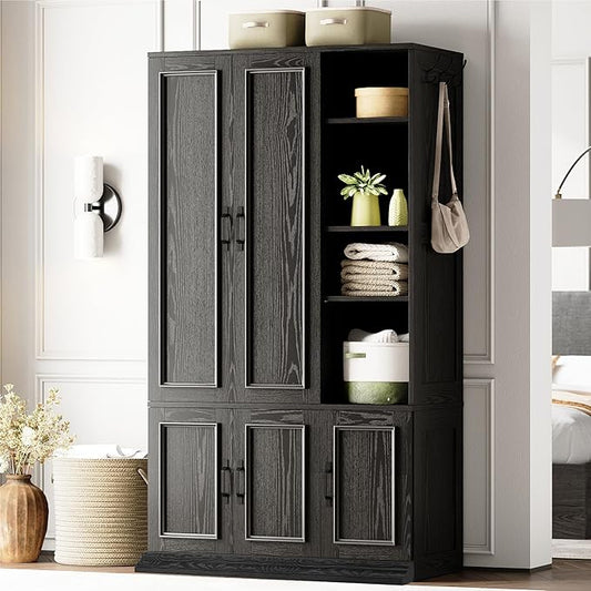 LIKIMIO Armoire Wardrobe Closet 70" H, 5 Doors Bedroom Wooden Wardrobe with 4 Storage Shelves and Hanging Rod, Clothing Storage Cabinet Organizer Combination, Black