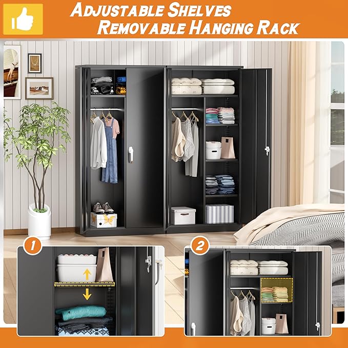 INTERGREAT Metal Wardrobe Closet, 72" Black Locking Storage Wardrobe Cabinet with Locking Doors and Adjustable Shelves, 18" D x 36" W Tall Steel Clothes Storage for Office, Home, School, Gym