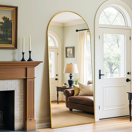 Full Length Mirror, 65"x22" Oversized Floor Mirror Freestanding, Full Body Mirror Floor Standing Mirrors with Stand, Hanging Mounted Mirrors for Bedroom Living Room, Gold, Arched Style