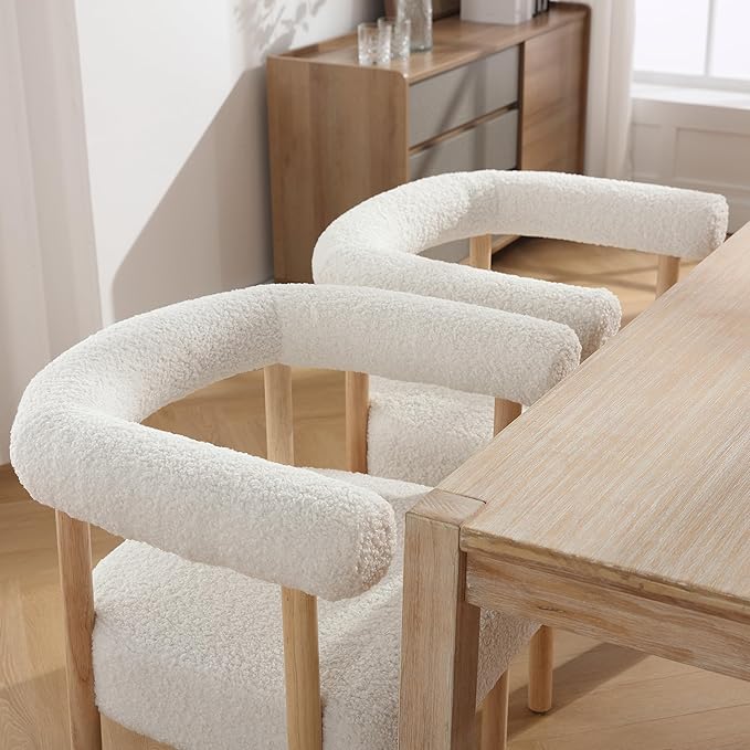 White Boucle Dining Chairs Set of 4, Modern Upholstered Dining Chairs, Curved Backrest Kitchen Dining Room Chairs Accent Chairs Arm Chairs with Natural Wood Legs