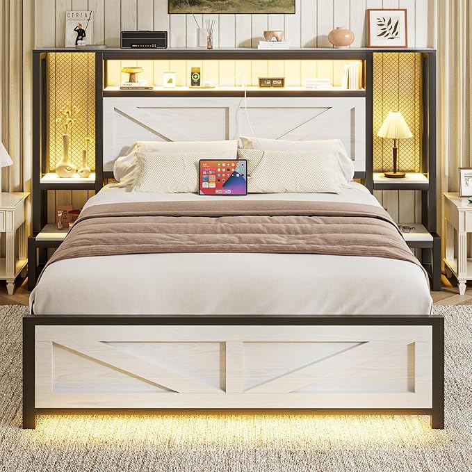 Queen Size Rustic Bed Frame with Storage Born Door Headboard and Bedside Storage, Industrial Farmhouse Metal Platform Bed Frame with Charging Station and LED Lights, White