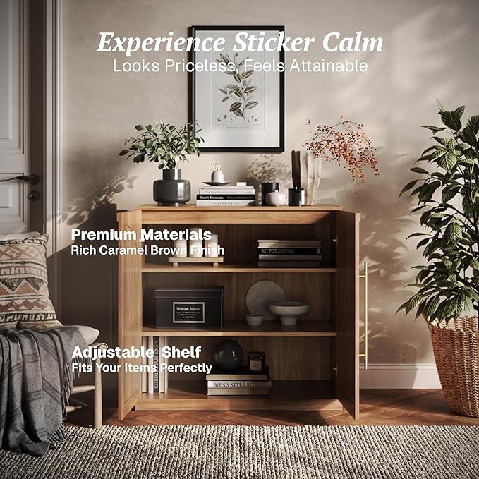 BELLEZE Modular Sideboard with Double-Arc Wood Doors, Small Arched Buffet Cabinet with Storage and Adjustable Shelves, Classic Modern Credenza for Dining Room, Living Room, or Entryway(Camel)
