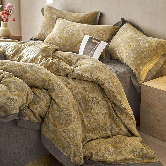 Jacquard Floral Duvet Cover Set Twin Premium Yarn-Dyed Cotton Yellow Gold Flower Duvet Cover Jacquard Reversible Floral Comforter Cover with Edge Design Vintage Garden Style Botanical Bedding Set Twin