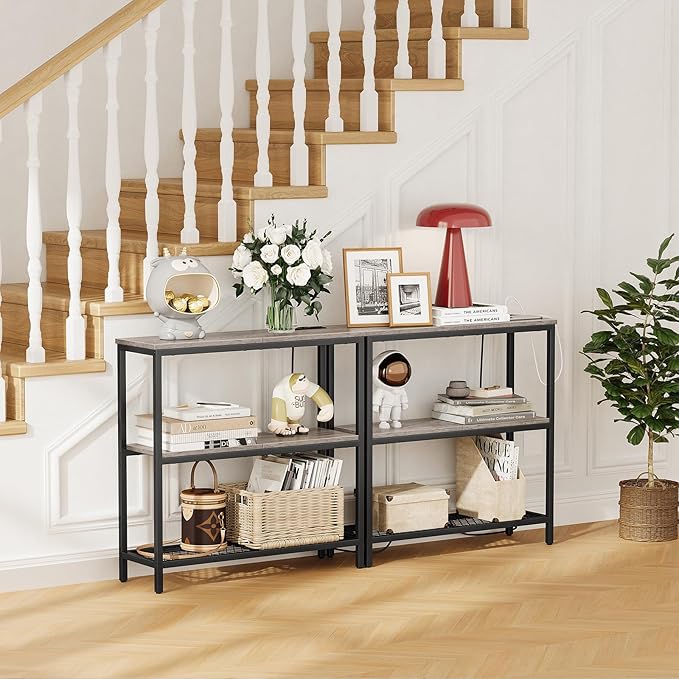 Snughome Console Table with Power Outlets, Entryway Table with Storage, Narrow Sofa Table with 3 Tier Shelves, 2 USB Ports, 2 Power Outlets, Hallway Table for Couch, Living Room, Entrance, Grey