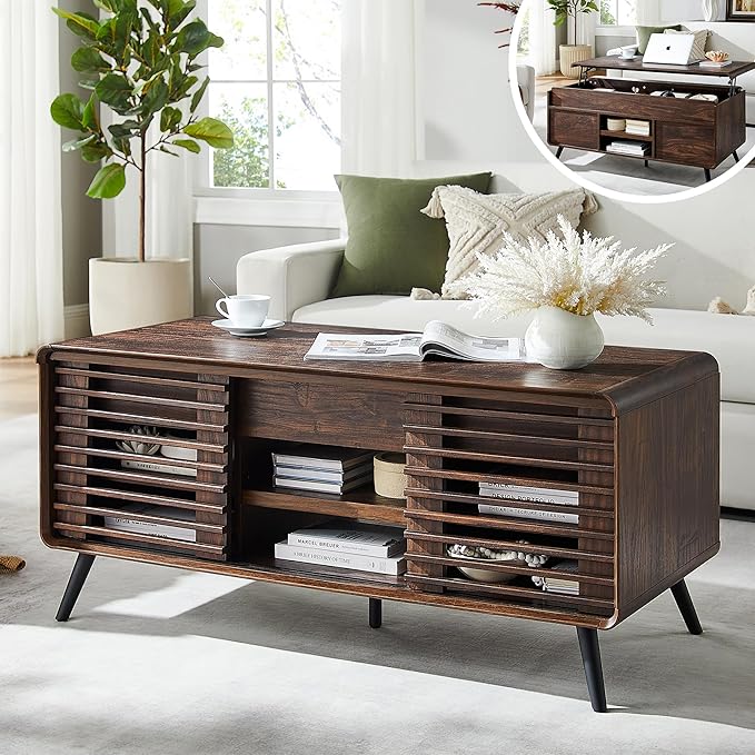 RedLemon 48" Lift Top Coffee Table with Slatted Sliding Door, Mid Century Modern Center Table with Hidden Storage Compartment,Lifting Tabletop & Adjustable Shelf for Living Room, Office, Dark Walnut