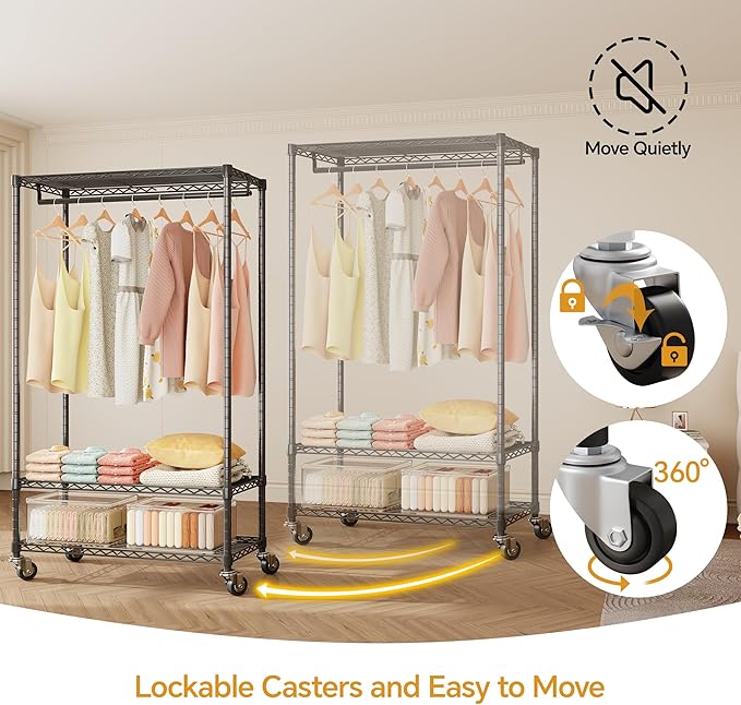 H4 Plus Rolling Garment Rack with Cover, Heavy Duty Clothes Rack with Wheels, Portable Closet for Hanging Clothes, Wardrobe Closets Organizer Storage, Black Closet Rack with Black Fabric Cover