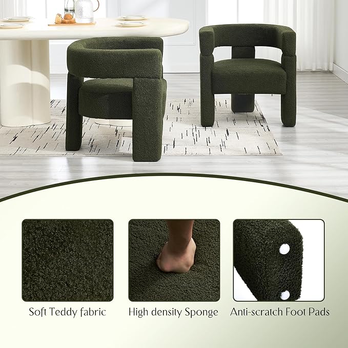 Sherpa Barrel Dining Chairs Set of 2, Upholstered Boucle Accent Kitchen Chairs with Arms, Comfy Faux Fur Side Chair Modern Armchair for Dining Room, Bedroom, Home Office, Green