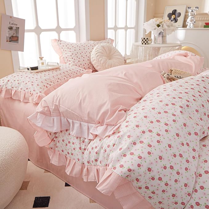 EAVD French Style Garden Pink Floral Comforter Set Full Girls Fluffy Soft Microfiber Chic Shabby Floral Bedding Set with 2 Pillowcases Fresh Ruffled Botanical Comforter Set for All-Season
