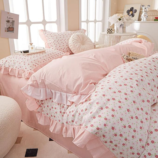 EAVD French Style Garden Pink Floral Comforter Set Queen Girls Fluffy Soft Microfiber Chic Shabby Floral Bedding Set with 2 Pillowcases Fresh Ruffled Botanical Comforter Set for All-Season