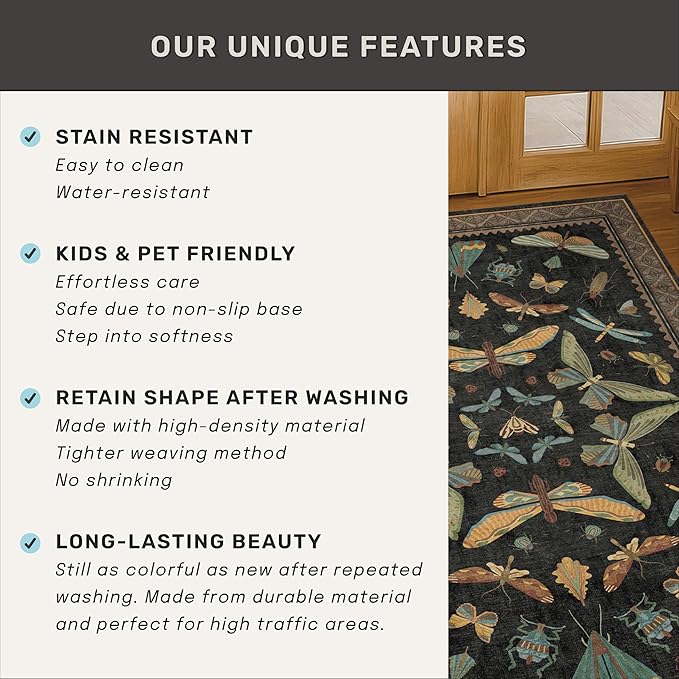 Black Washable Insect Area Rugs 8x10 for Living Room, Bedroom, Dining Room Under Table, Playroom, Large Dark Whimscal Boho Indoor Rug, Ultra Soft Low Pile Non Slip