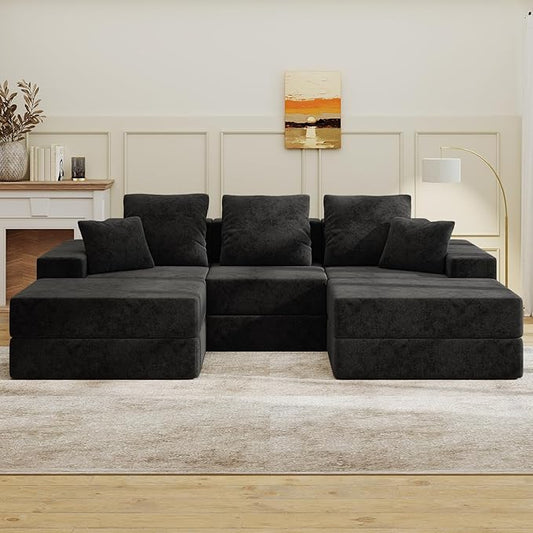 Living&Giving 101" U-Shaped Cloud Sectional Couch for Living Room, Cloud Boneless Couch-No Assembly with Reversible Chaise, Customizable 3-Seat Modular Sectional Sofa with 2 Ottoman, Black