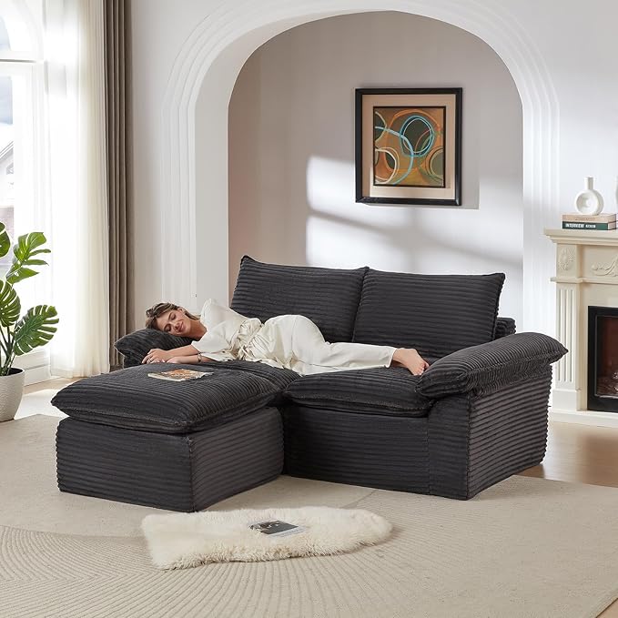 80" Cloud Sectional Couch with L-Shaped Chaise, Corduroy Sectional Sofa with Ottoman, Boneless Couch with Deep Seat in a Box for Living Room, No Assembly Required (Dark Grey)