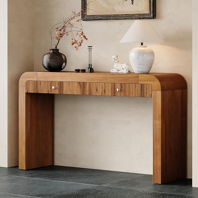 Merax Rustic Console Table with Fluted Drawer Front, Entryway Table with Curved Corners & Thick Legs, Sturdy Sofa Table for Hallway & Living Room, Brown