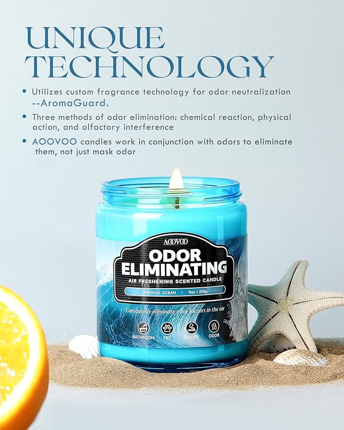 AOOVOO Fantasy Ocean Odor Eliminating Highly Fragranced Candle - Eliminates 95% of Pet, Smoke, Food, and Other Smells Quickly, Air Freshing Soy Candle, 9 oz Up to 50 Hours Burn time