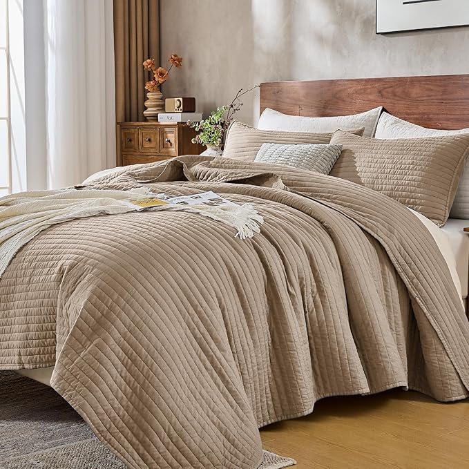 DOWN HOME Queen Quilt Bedding Set with Shams, Vintage Washed Soft Quilted Blanket Thin Comforter Lightweight Bedspread Coverlet Bed Cover, Brushed Microfiber Stripe Stitching, Brown, 86"x90"