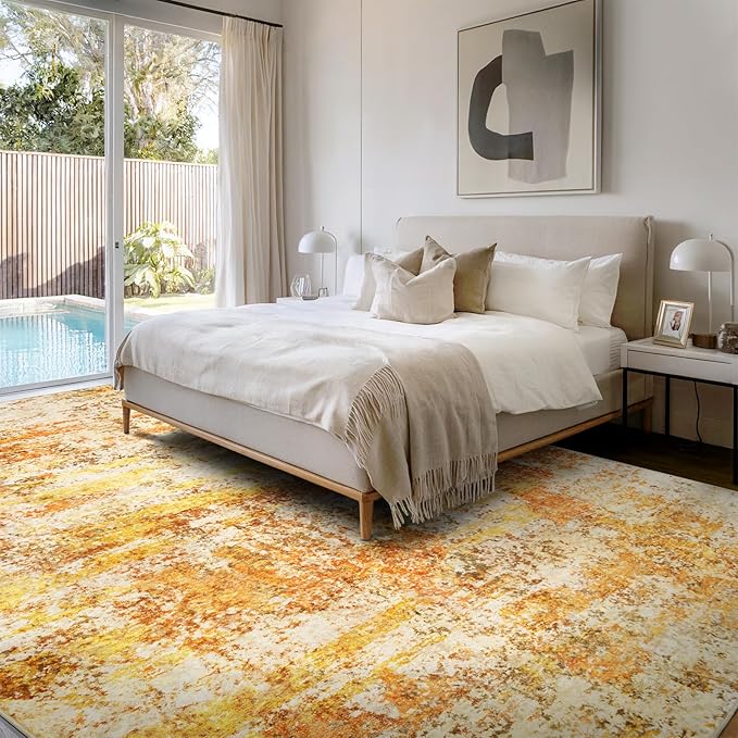 Washable Area Rugs for Living Room - 9x12 Abstract Modern Rug Neutral Soft Rug Stain Resistant Non-Shedding No Slip Low Pile Large Carpet for Bedroom Dining Room Nursery Home Office - Orange/Gold