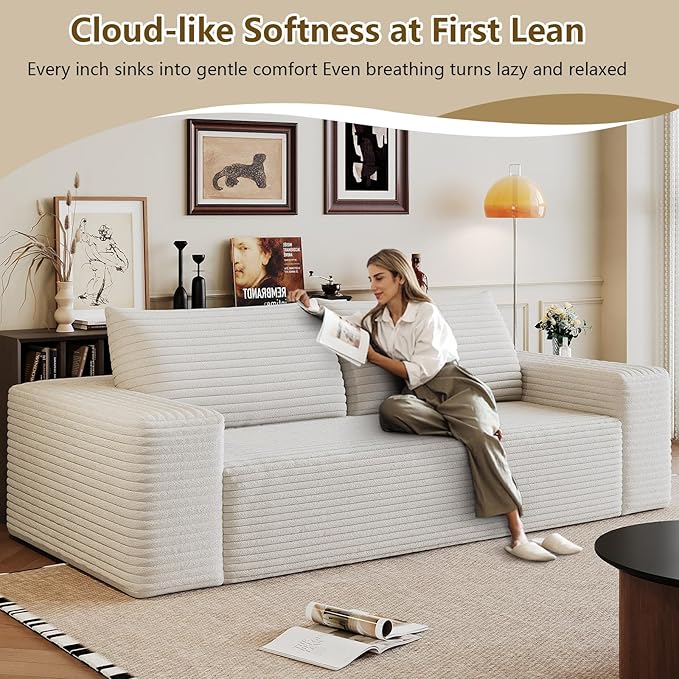 71" Boneless Loveseat Sofa - Cloud Couch with Memory Foam, Comfy Deep Seat - Corduroy Floor Sofa, No Assembly Required - Small Space Friendly for Living Room, Bedroom, Apartment, White