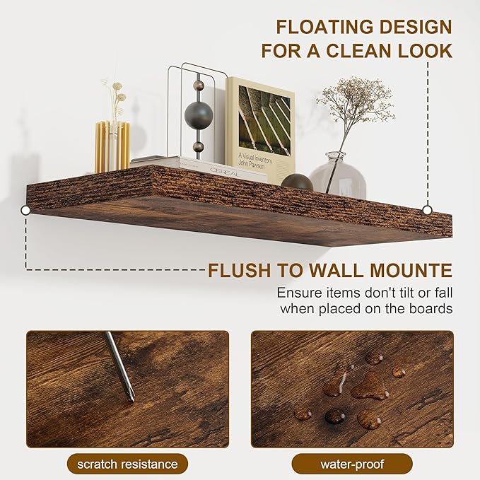 72 Inch Floating Shelves 2 Pack, 8 Inch Deep Floating Shelf Wall Mounted, Large Shelves with Invisible Bracket for Books, Rustic Wood Wall Shelf for Bedroom, Kitchen, Living Room, Rustic Brown