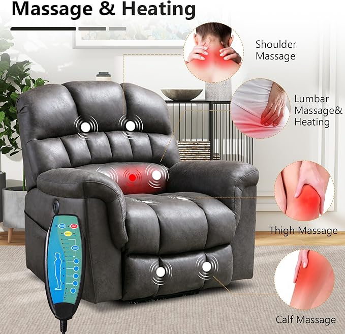 Large Power Lift Recliner Set of 2 with Massage and Heat for Elderly, Faux Leather Electric Lifting Recliners with USB Port, Oversized Reclining Sofa Chair for Living Room, Grey