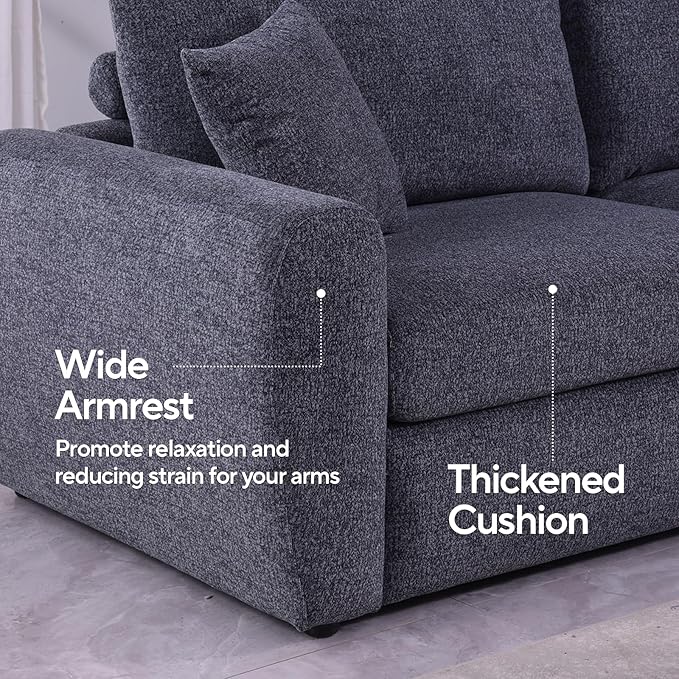 Modern Gray Chenille Fabric Sofa, 86.2" L x 35.4" W x 33.8" H, 3-Seater with Deep Seats and Wide Armrests