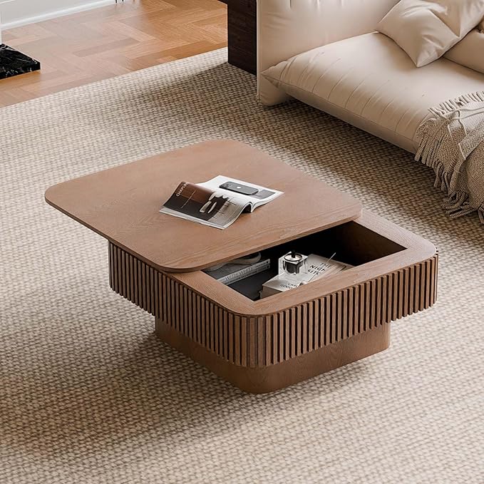 31.5'' Small Square Coffee Table with Storage, Fluted Coffee Table with Solid Wood Veneered, Mid Century Modern Wooden Center Table, Accent Tea Table for Small Space Living Room Apartment, Walnut