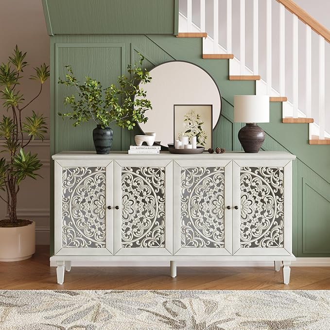 Retro 60'' Large Storage Cabinet Sideboard with 4 Hollow-Carved Doors and Adjustable Shelves, Acacia Wood Vintage Entryway Console Table TV Stand for Living Room Dining Room (Antique White-LK)