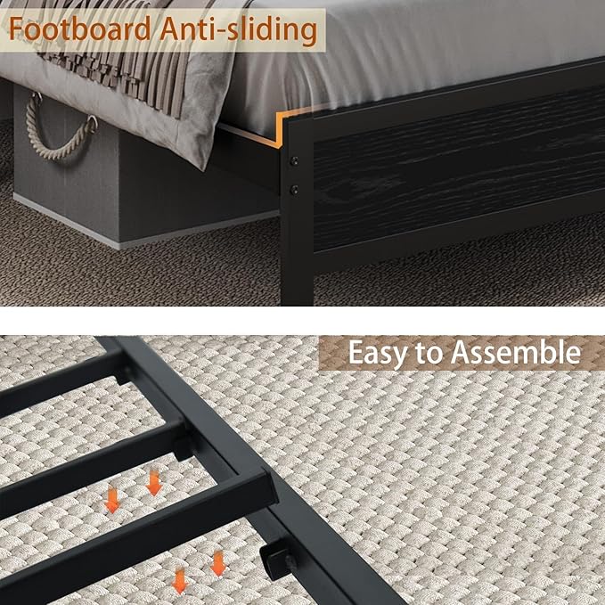 Full Size Bed Frame with LED Lights and Charging Station, Metal Platform Bed Frame Full with Upholstered Storage Headboard, Heavy Duty Metal Slats, No Box Spring Needed, Easy Assembly, Dark Grey