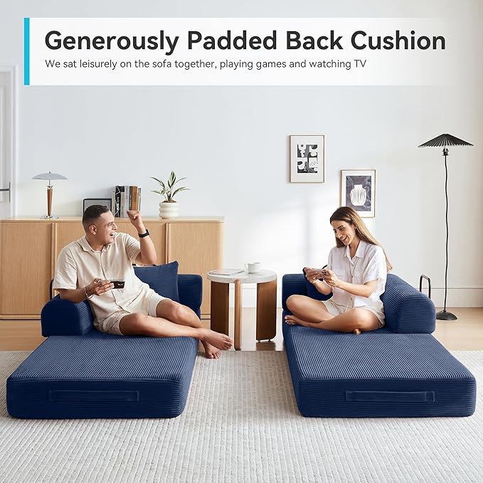 Convertible Sofa Bed with Cylindrical Pillow,Comfy Floor Sofa Bed Compressed Sofa in Box, Convertible Sofa Bed for Living Room Bedroom Lounge Studio, Comfy High Density Foam Mattress(Navy Blue)