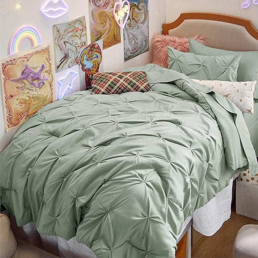 Bedsure Twin Comforter Set Sage Green - Bed in a Bag Twin Size Bedding 5 Pieces, GentleSoft™ Pintuck Bed Set Gift for Family, Pinch Pleat Sage Green Comforter with Sheets, Pillowcase & Sham