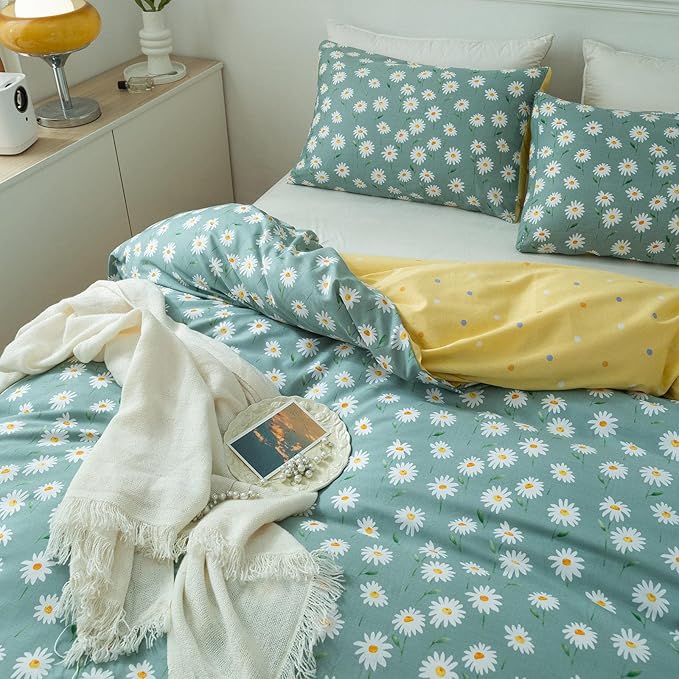 EAVD Garden Style Daisy Floral Comforter Set Twin XL Sage Green Soft Microfiber Fresh Chic Daisy Bedding Comforter with 2 Pillowcases Botanical Comforter Set for All-Season